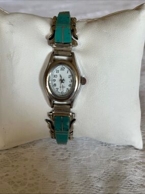 VTG Navajo Charlie Bowie Sterling Silver Turquoise Inlay Watch